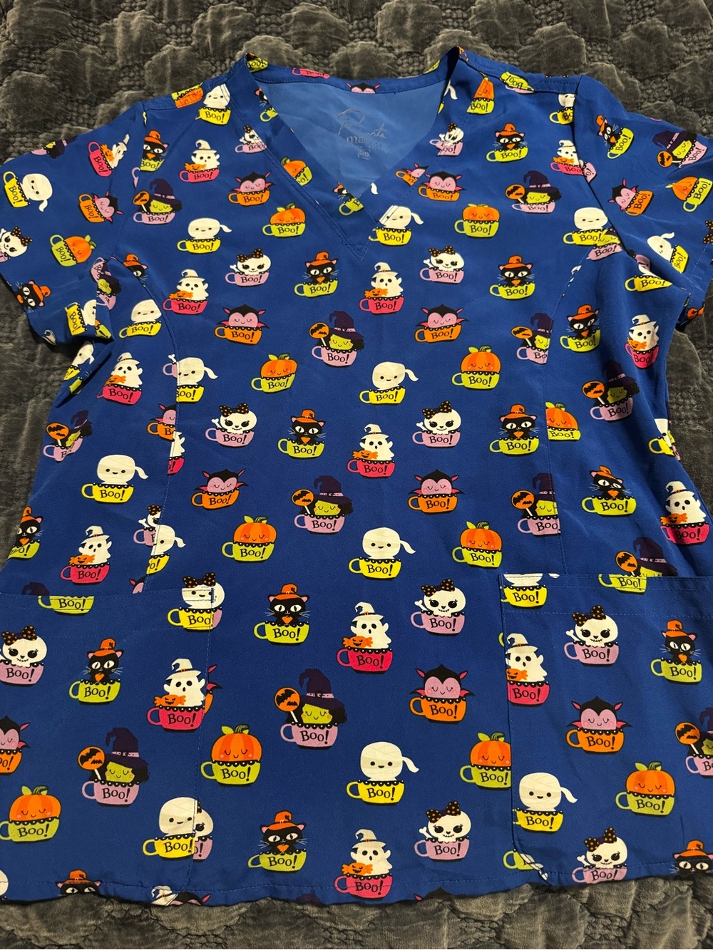 Blue Halloween Scrub Top with Cute Halloween Characters